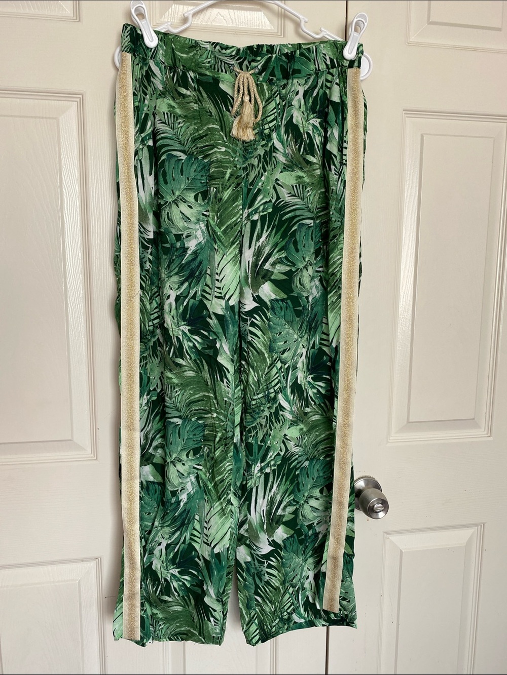 Marina Sport Green Tropical Print Straight-Leg Pants with Cream Side Trim Size12
